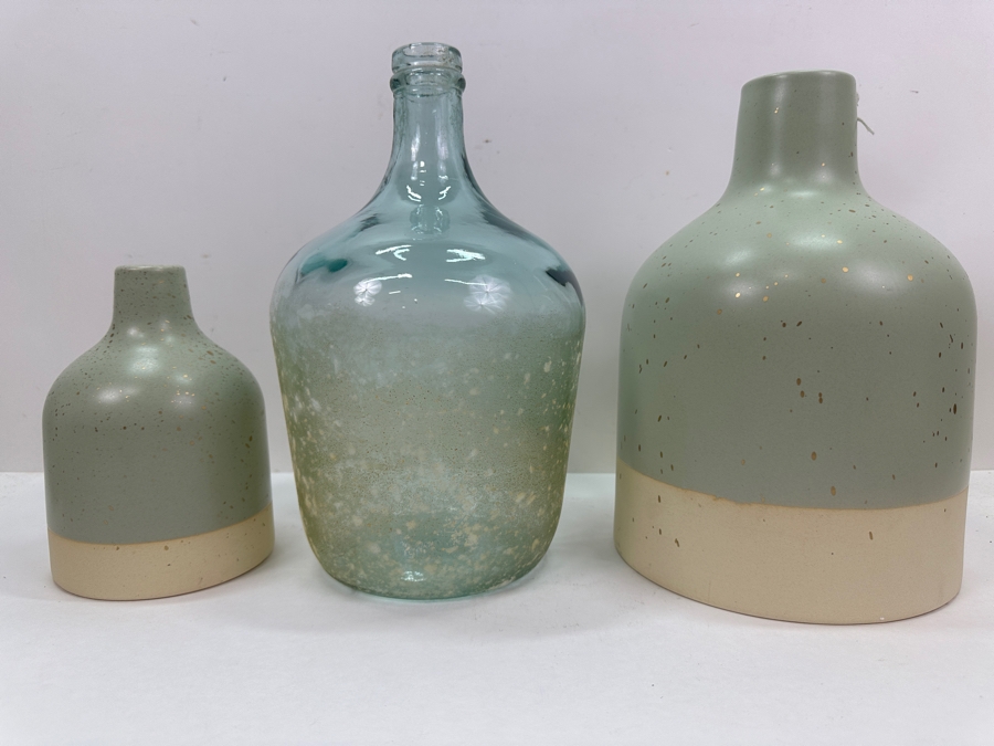 Just Added - Pair Of Ceramic Vases & Glass Bottle 12'H [Photo 2]