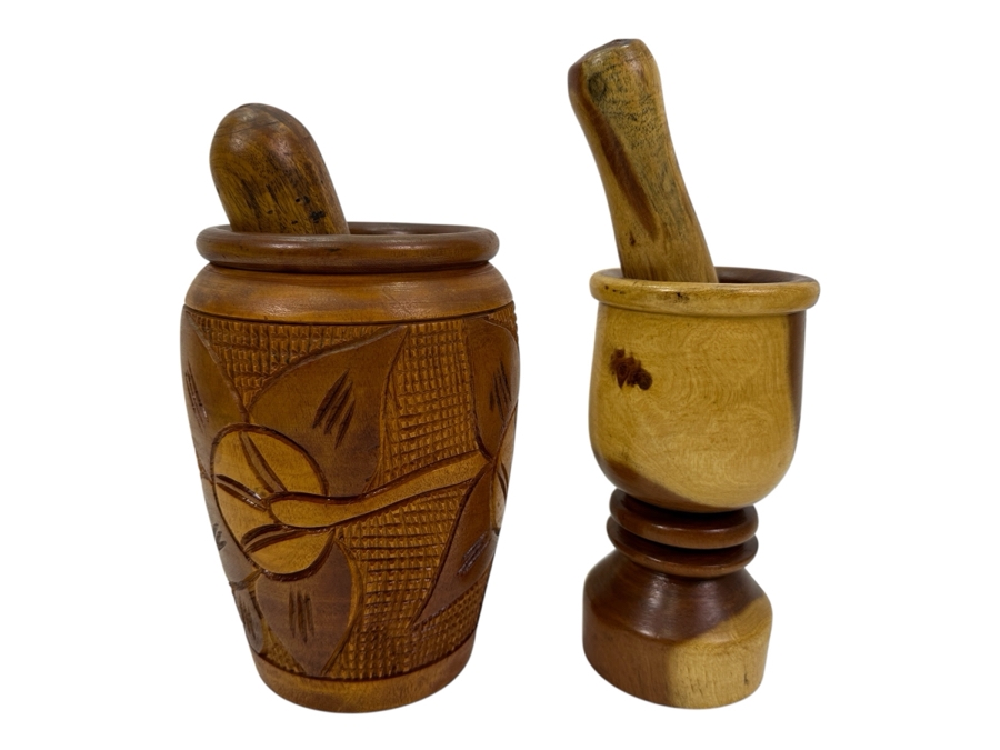 Just Added - Pair Of Carved Wooden Mortar And Pestles From Dominican Republic 8H & 8.5H