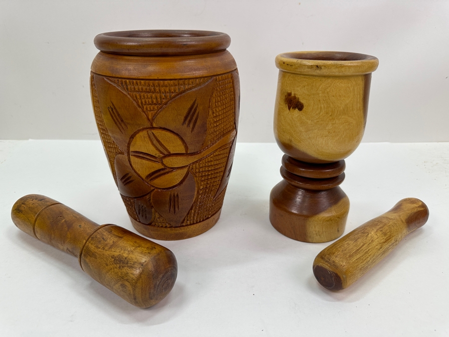 Just Added - Pair Of Carved Wooden Mortar And Pestles From Dominican Republic 8H & 8.5H [Photo 2]