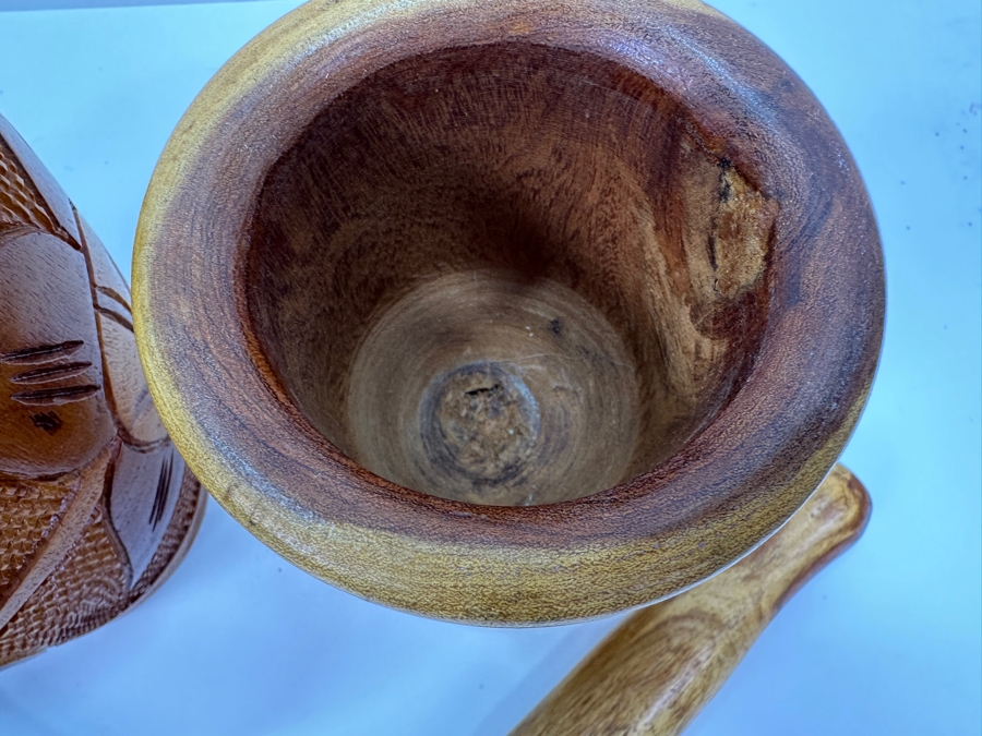 Just Added - Pair Of Carved Wooden Mortar And Pestles From Dominican Republic 8H & 8.5H [Photo 6]