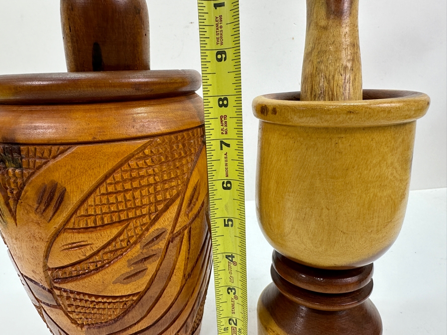 Just Added - Pair Of Carved Wooden Mortar And Pestles From Dominican Republic 8H & 8.5H [Photo 9]