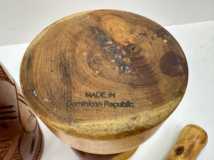 Just Added - Pair Of Carved Wooden Mortar And Pestles From Dominican Republic 8H & 8.5H [Photo 7]