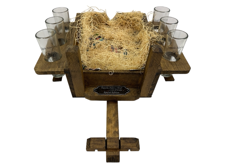 Just Added - Special Edition Tequila Adan Y Eva (6) Shot Glasses With Cart Holder 12.5W X 15D