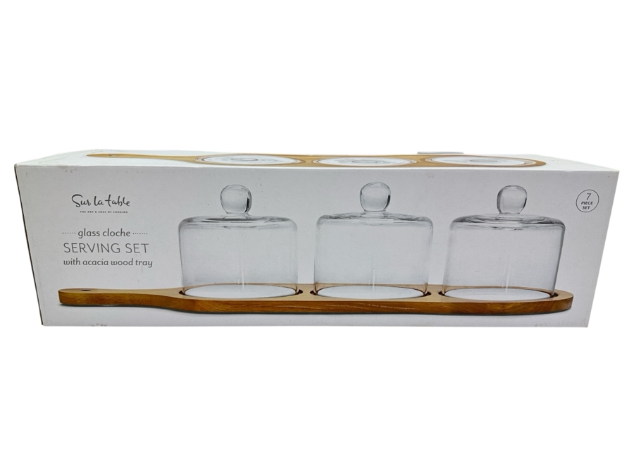 Just Added - New Sur La Table Glass Cloche Serving Set With Acacia Wood Tray 7 Piece Set