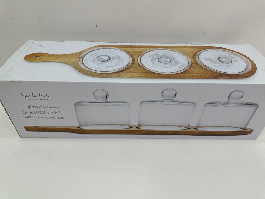Just Added - New Sur La Table Glass Cloche Serving Set With Acacia Wood Tray 7 Piece Set [Photo 2]