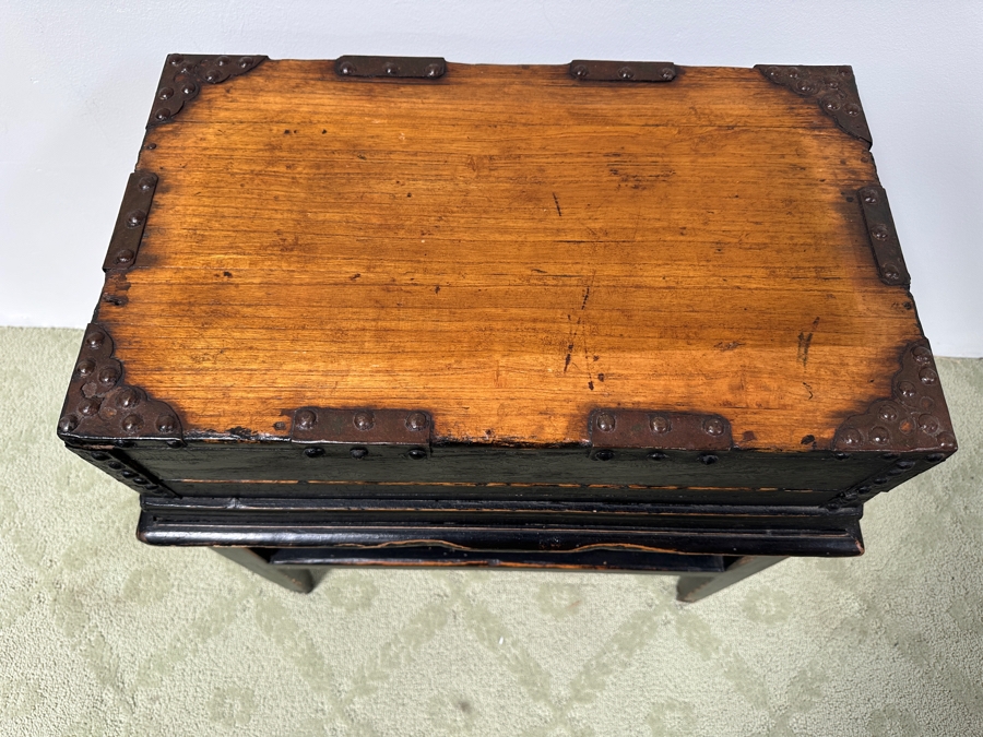 Just Added - Vintage Chinese Wooden Box Table With Metal Hardware 25W X 16D X 26H [Photo 3]