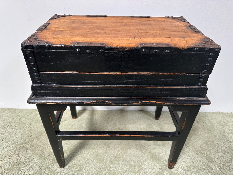 Just Added - Vintage Chinese Wooden Box Table With Metal Hardware 25W X 16D X 26H [Photo 2]