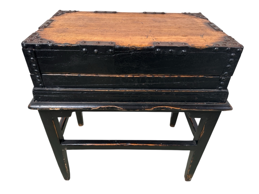 Just Added - Vintage Chinese Wooden Box Table With Metal Hardware 25W X 16D X 26H