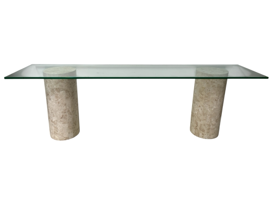 Just Added - Vintage Marquis Collection Of Beverly Hills Natural Fossil Stone Or Seashell Inlay Hand Cut Piece-By-Piece Console Table With Two Pedestals And Glass Top 96W X 22D X 29.5H