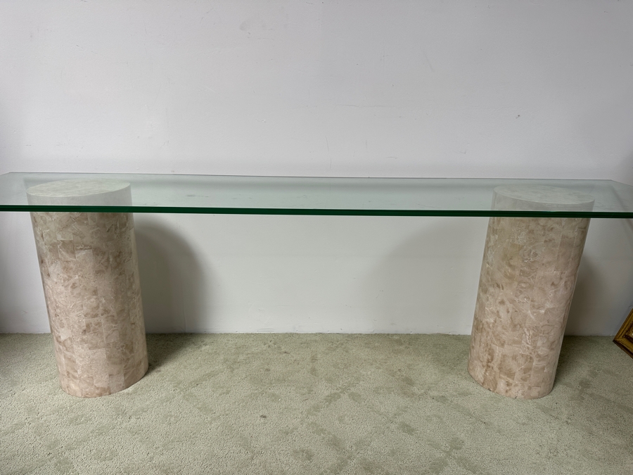 Just Added - Vintage Marquis Collection Of Beverly Hills Natural Fossil Stone Or Seashell Inlay Hand Cut Piece-By-Piece Console Table With Two Pedestals And Glass Top 96W X 22D X 29.5H [Photo 3]