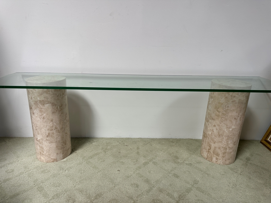 Just Added - Vintage Marquis Collection Of Beverly Hills Natural Fossil Stone Or Seashell Inlay Hand Cut Piece-By-Piece Console Table With Two Pedestals And Glass Top 96W X 22D X 29.5H [Photo 8]