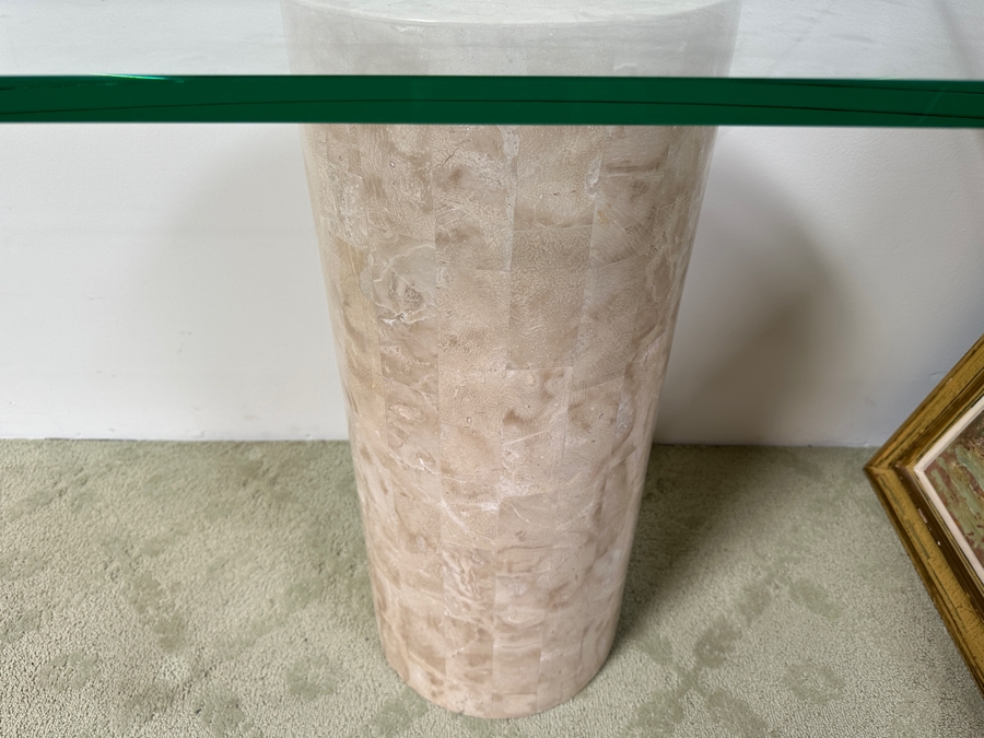 Just Added - Vintage Marquis Collection Of Beverly Hills Natural Fossil Stone Or Seashell Inlay Hand Cut Piece-By-Piece Console Table With Two Pedestals And Glass Top 96W X 22D X 29.5H [Photo 6]