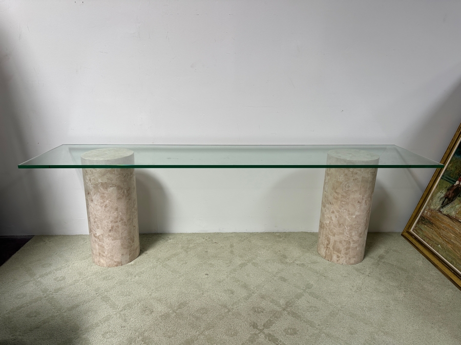 Just Added - Vintage Marquis Collection Of Beverly Hills Natural Fossil Stone Or Seashell Inlay Hand Cut Piece-By-Piece Console Table With Two Pedestals And Glass Top 96W X 22D X 29.5H [Photo 9]
