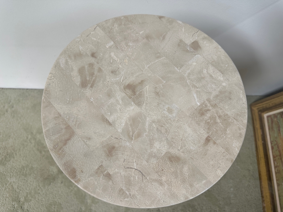 Just Added - Vintage Marquis Collection Of Beverly Hills Natural Fossil Stone Or Seashell Inlay Hand Cut Piece-By-Piece Console Table With Two Pedestals And Glass Top 96W X 22D X 29.5H [Photo 5]