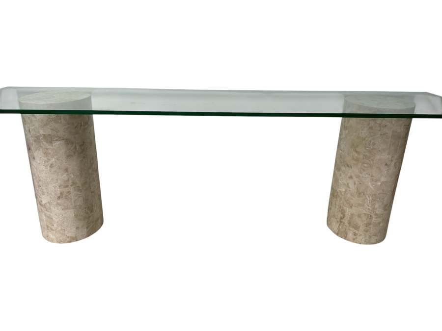 Just Added - Vintage Marquis Collection Of Beverly Hills Natural Fossil Stone Or Seashell Inlay Hand Cut Piece-By-Piece Console Table With Two Pedestals And Glass Top 96W X 22D X 29.5H [Photo 2]