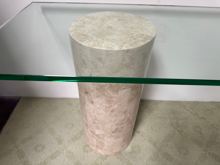 Just Added - Vintage Marquis Collection Of Beverly Hills Natural Fossil Stone Or Seashell Inlay Hand Cut Piece-By-Piece Console Table With Two Pedestals And Glass Top 96W X 22D X 29.5H [Photo 7]