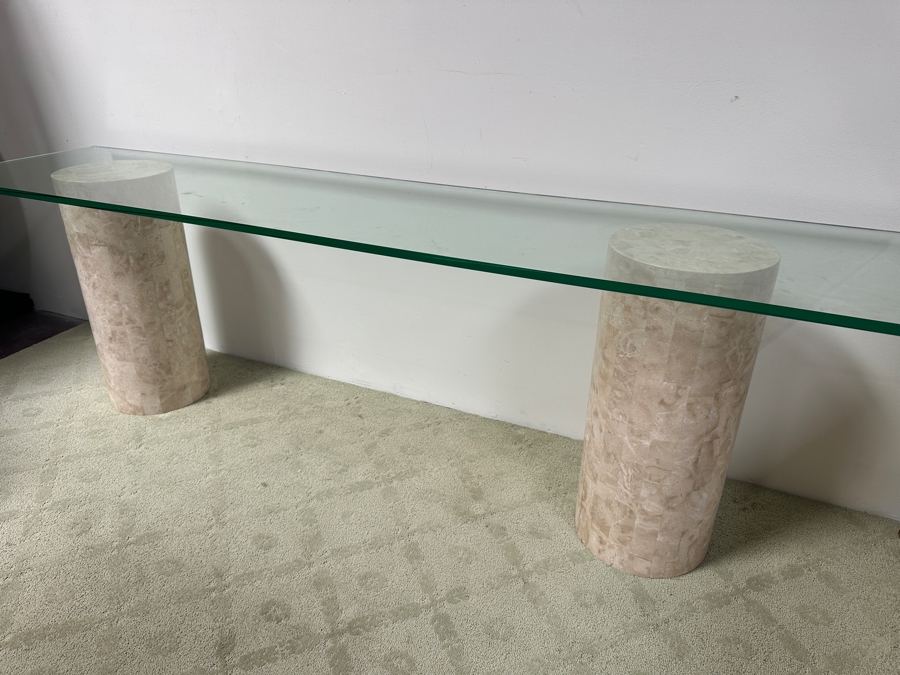 Just Added - Vintage Marquis Collection Of Beverly Hills Natural Fossil Stone Or Seashell Inlay Hand Cut Piece-By-Piece Console Table With Two Pedestals And Glass Top 96W X 22D X 29.5H [Photo 4]