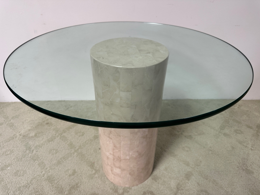 Just Added - Vintage Marquis Collection Of Beverly Hills Natural Fossil Stone Or Seashell Inlay Hand Cut Piece-By-Piece Pedestal Dining Table With Glass Top 36W X 30H [Photo 5]