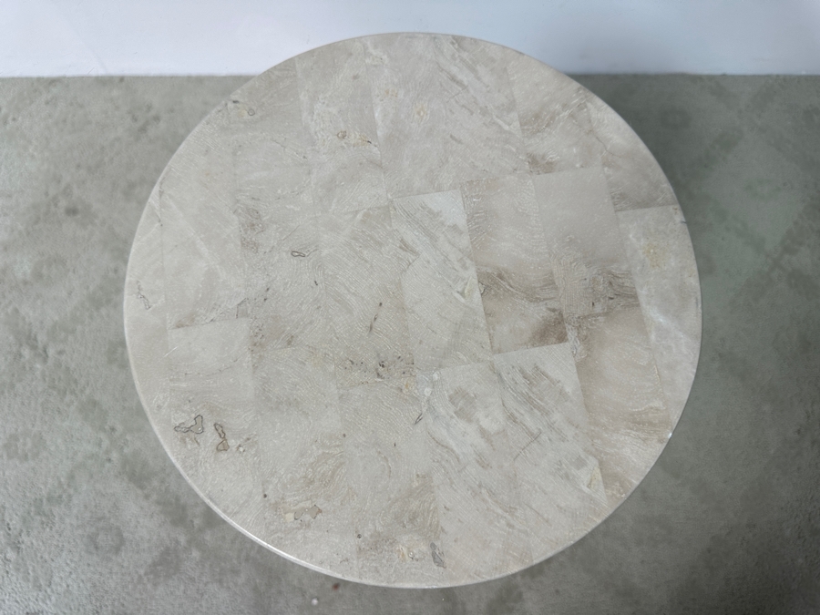 Just Added - Vintage Marquis Collection Of Beverly Hills Natural Fossil Stone Or Seashell Inlay Hand Cut Piece-By-Piece Pedestal Dining Table With Glass Top 36W X 30H [Photo 6]