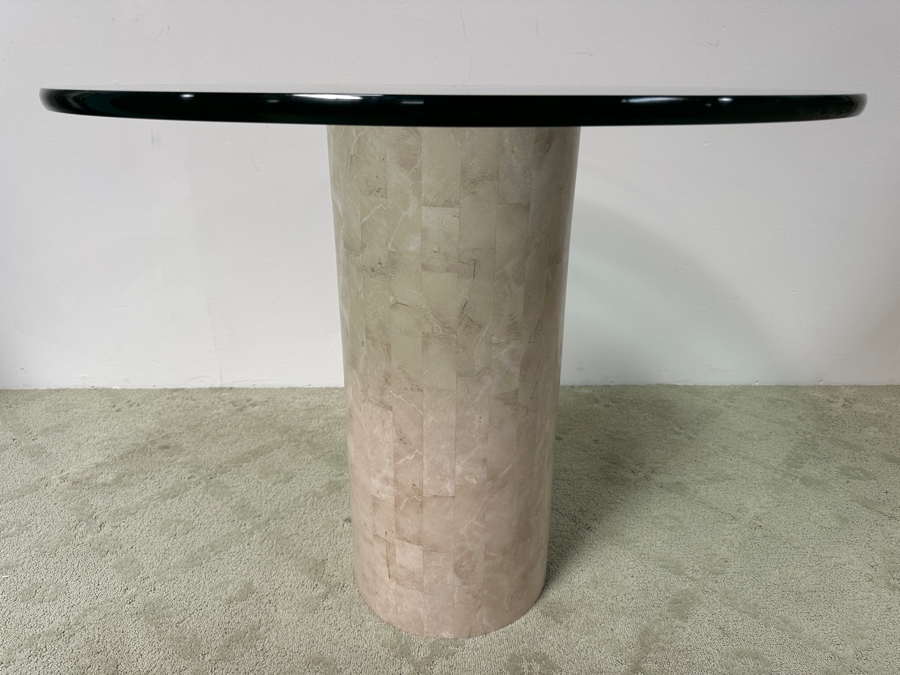 Just Added - Vintage Marquis Collection Of Beverly Hills Natural Fossil Stone Or Seashell Inlay Hand Cut Piece-By-Piece Pedestal Dining Table With Glass Top 36W X 30H [Photo 3]