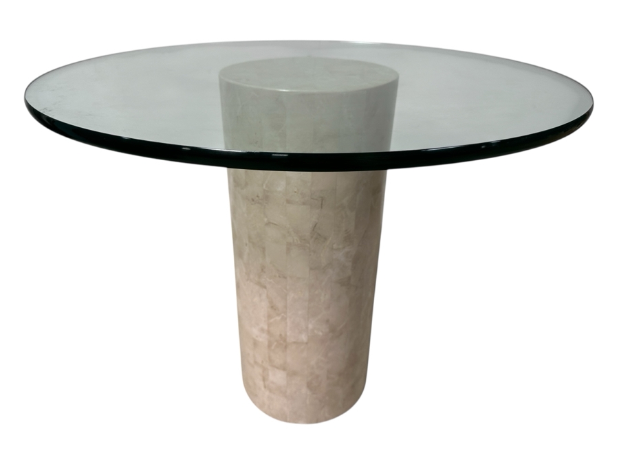 Just Added - Vintage Marquis Collection Of Beverly Hills Natural Fossil Stone Or Seashell Inlay Hand Cut Piece-By-Piece Pedestal Dining Table With Glass Top 36W X 30H