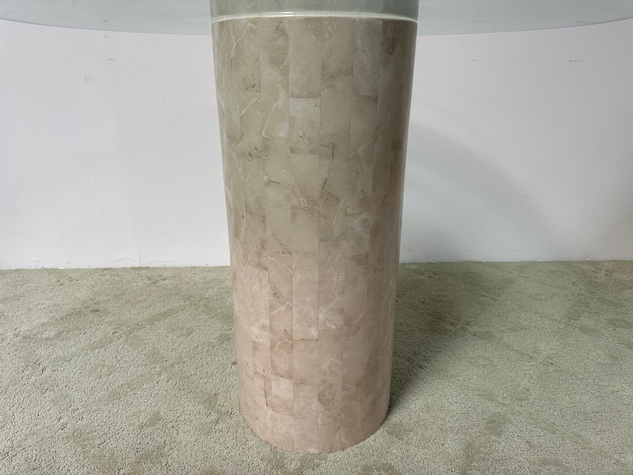 Just Added - Vintage Marquis Collection Of Beverly Hills Natural Fossil Stone Or Seashell Inlay Hand Cut Piece-By-Piece Pedestal Dining Table With Glass Top 36W X 30H [Photo 4]
