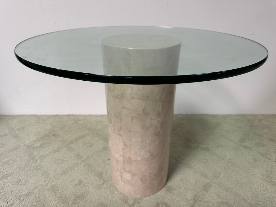 Just Added - Vintage Marquis Collection Of Beverly Hills Natural Fossil Stone Or Seashell Inlay Hand Cut Piece-By-Piece Pedestal Dining Table With Glass Top 36W X 30H [Photo 2]