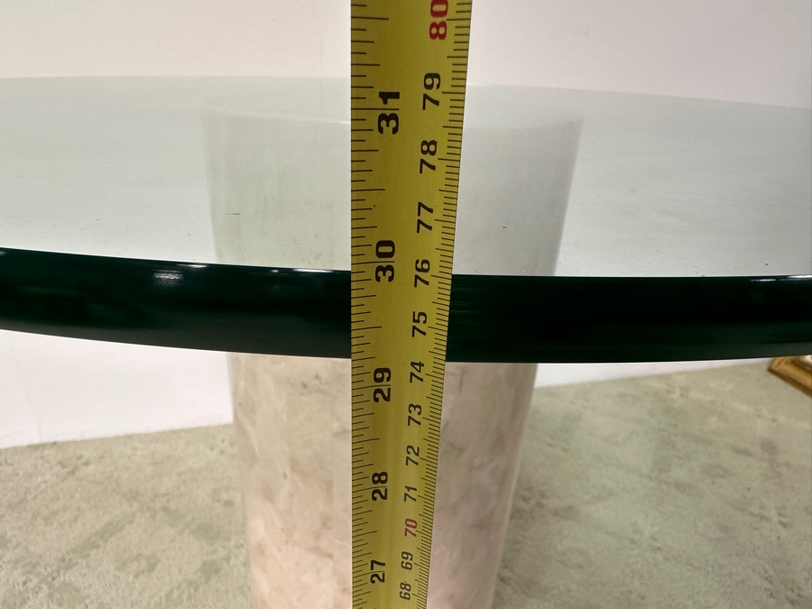 Just Added - Vintage Marquis Collection Of Beverly Hills Natural Fossil Stone Or Seashell Inlay Hand Cut Piece-By-Piece Pedestal Dining Table With Glass Top 36W X 30H [Photo 8]