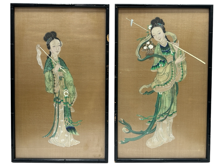 Just Added - Pair Of Vintage Original Chinese Gouache Paintings Framed 12.5W X 20.5'H