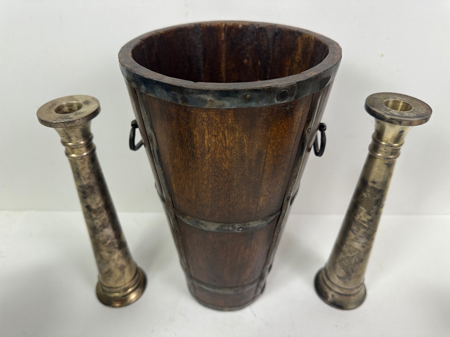 Just Added - Pair Of Pottery Barn 10' Candlesticks And 12' Handmade Wooden Bucket With Handles [Photo 2]