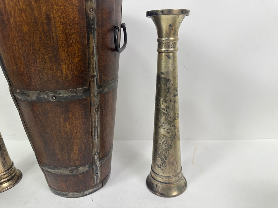 Just Added - Pair Of Pottery Barn 10' Candlesticks And 12' Handmade Wooden Bucket With Handles [Photo 3]