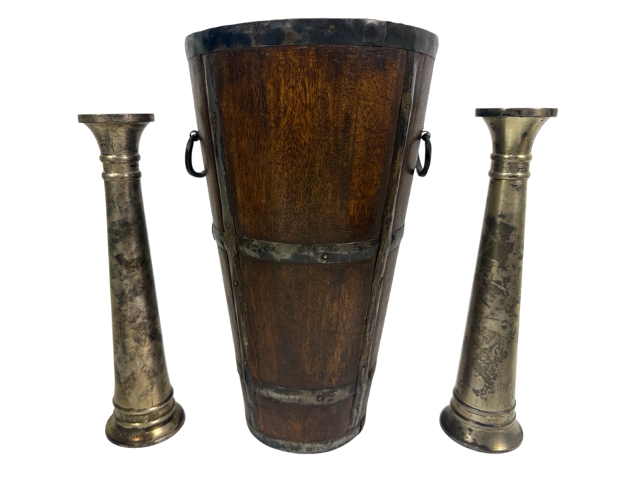 Just Added - Pair Of Pottery Barn 10' Candlesticks And 12' Handmade Wooden Bucket With Handles