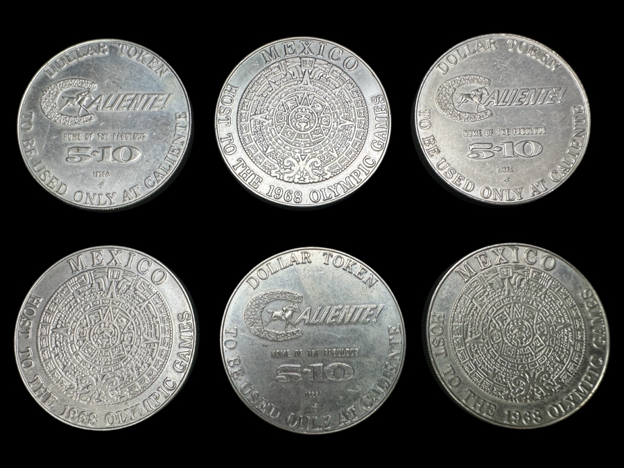 Just Added - (6) Rare Vintage 1966 Franklin Mint Tijuana, Mexico Caliente Casino Chips $1 Dollar Tokens Advertising Mexico As Host To The 1968 Olympic Games