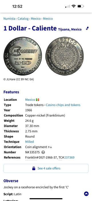 Just Added - (6) Rare Vintage 1966 Franklin Mint Tijuana, Mexico Caliente Casino Chips $1 Dollar Tokens Advertising Mexico As Host To The 1968 Olympic Games [Photo 6]