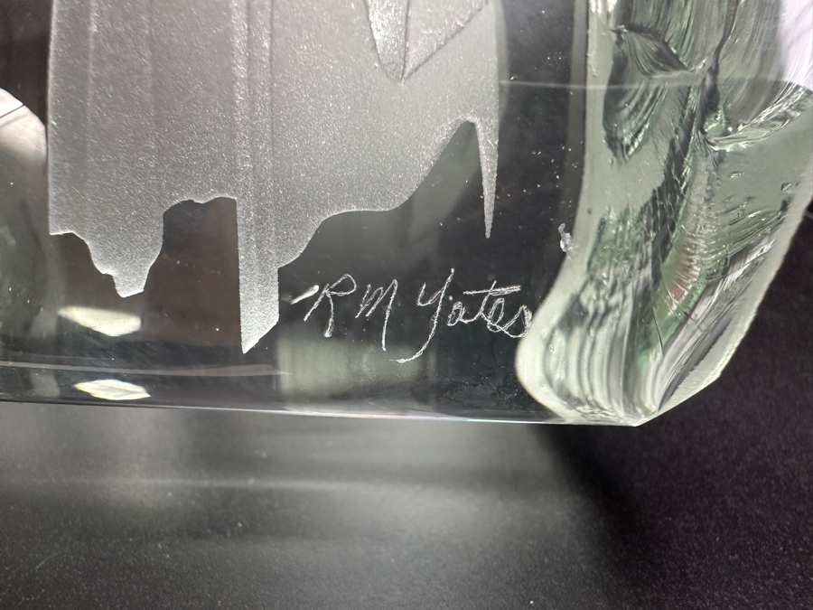 Just Added - R M Yates Signed Etched Art Glass Paperweight 5W X 2.5D X 4.5H [Photo 4]