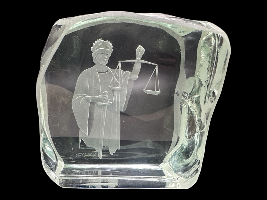 Just Added - R M Yates Signed Etched Art Glass Paperweight 5W X 2.5D X 4.5H