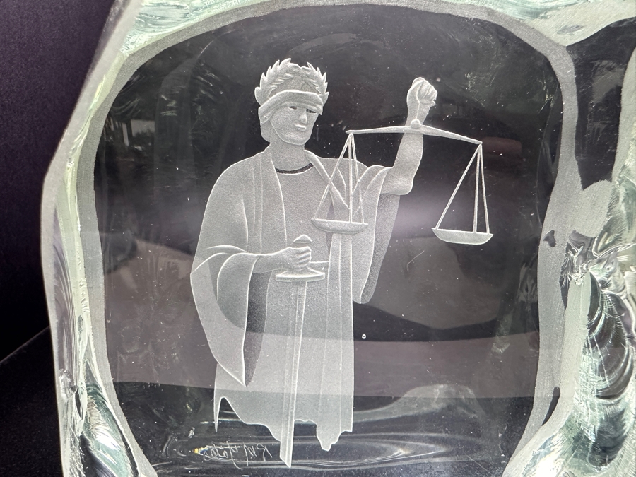 Just Added - R M Yates Signed Etched Art Glass Paperweight 5W X 2.5D X 4.5H [Photo 2]