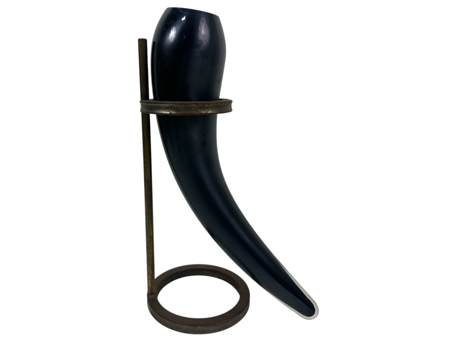Just Added - Artist Signed Art Glass Horn Vase With Cast Iron Display Stand 13.5'H