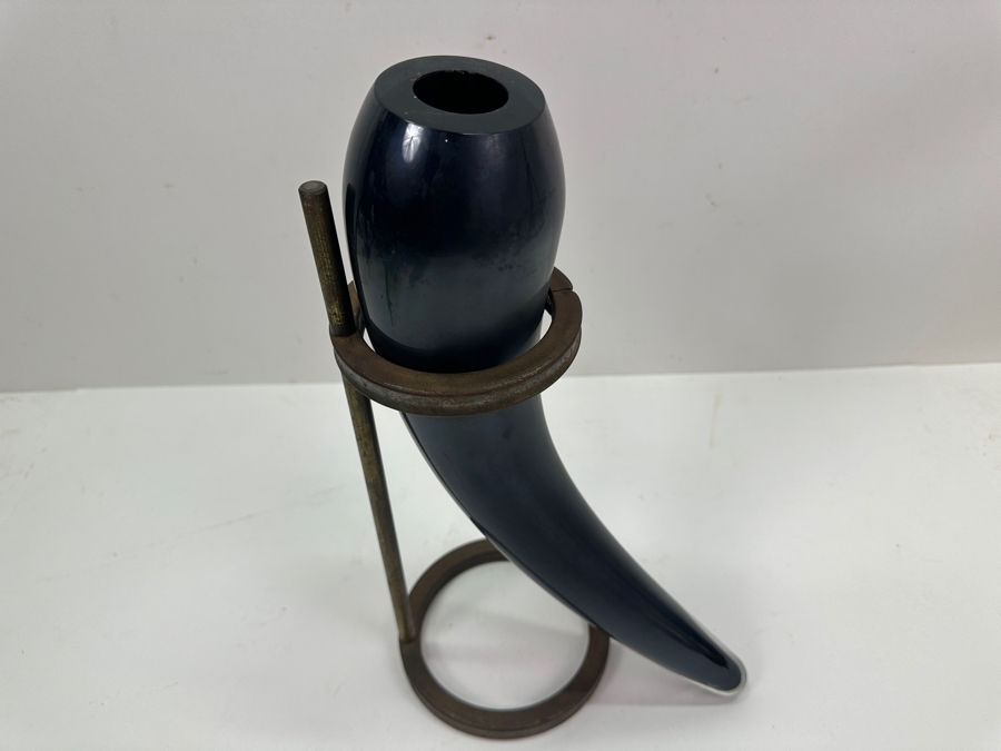 Just Added - Artist Signed Art Glass Horn Vase With Cast Iron Display Stand 13.5'H [Photo 2]