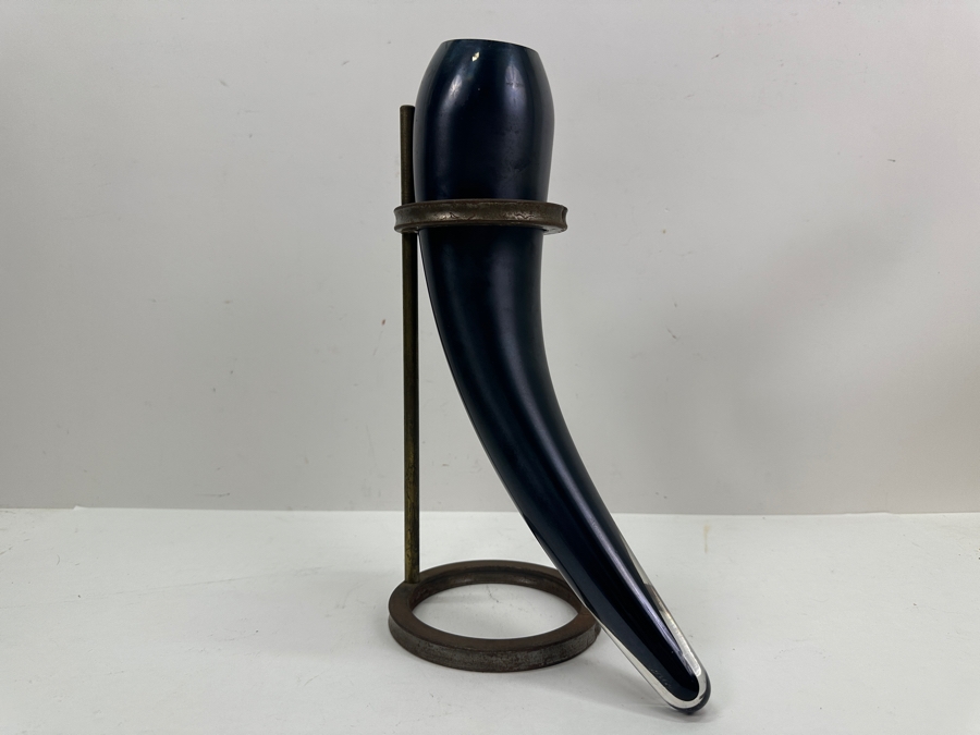 Just Added - Artist Signed Art Glass Horn Vase With Cast Iron Display Stand 13.5'H [Photo 3]