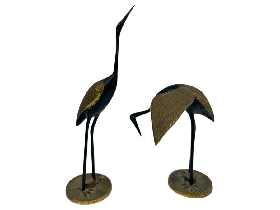 Just Added - Pair Of Vintage Korean Brass Crane Figurines 8H & 12H