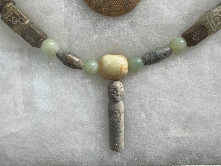 Vintage Chinese Carved Stone Jade 16' Necklace With Carved Jade Pendant In Wooden Framed Presentation Box 14 X 18 [Photo 5]