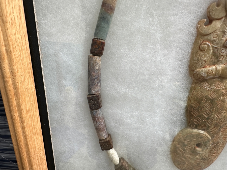 Vintage Chinese Carved Stone Jade 16' Necklace With Carved Jade Pendant In Wooden Framed Presentation Box 14 X 18 [Photo 8]