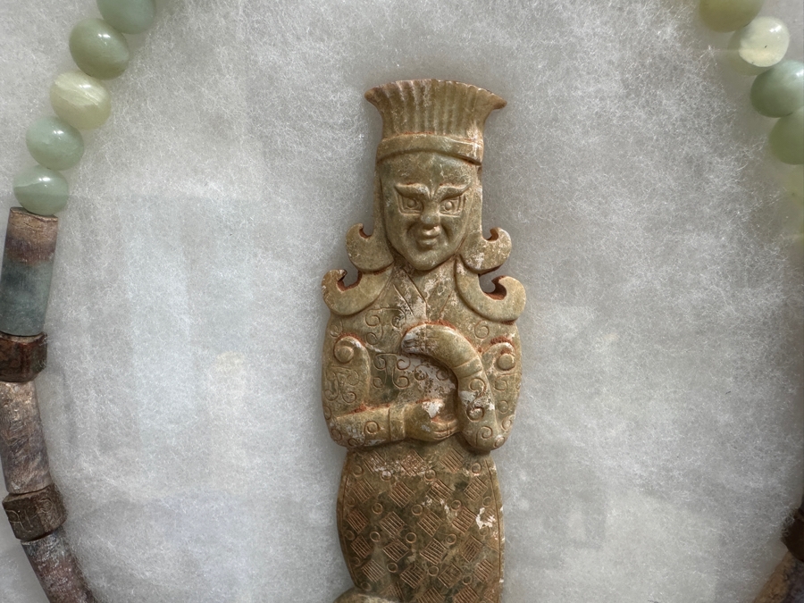 Vintage Chinese Carved Stone Jade 16' Necklace With Carved Jade Pendant In Wooden Framed Presentation Box 14 X 18 [Photo 3]