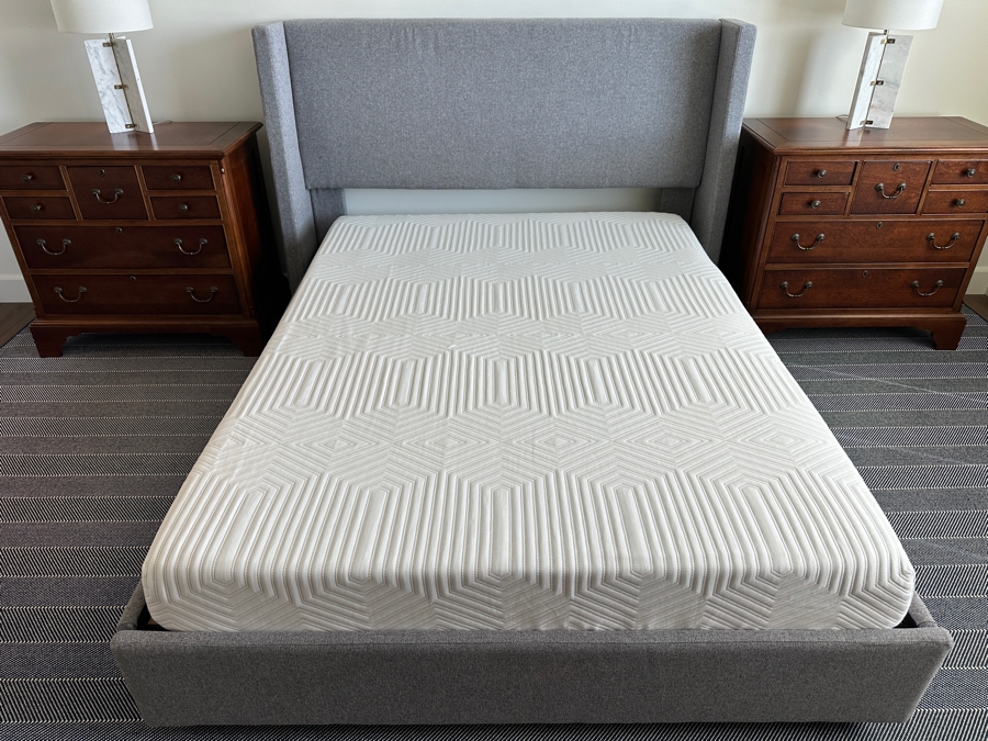 Just Added - Pottery Barn Upholstered Headboard Bed Frame 64W X 84D X 47H With Casper Snug Queen Size Mattress 60 X 80