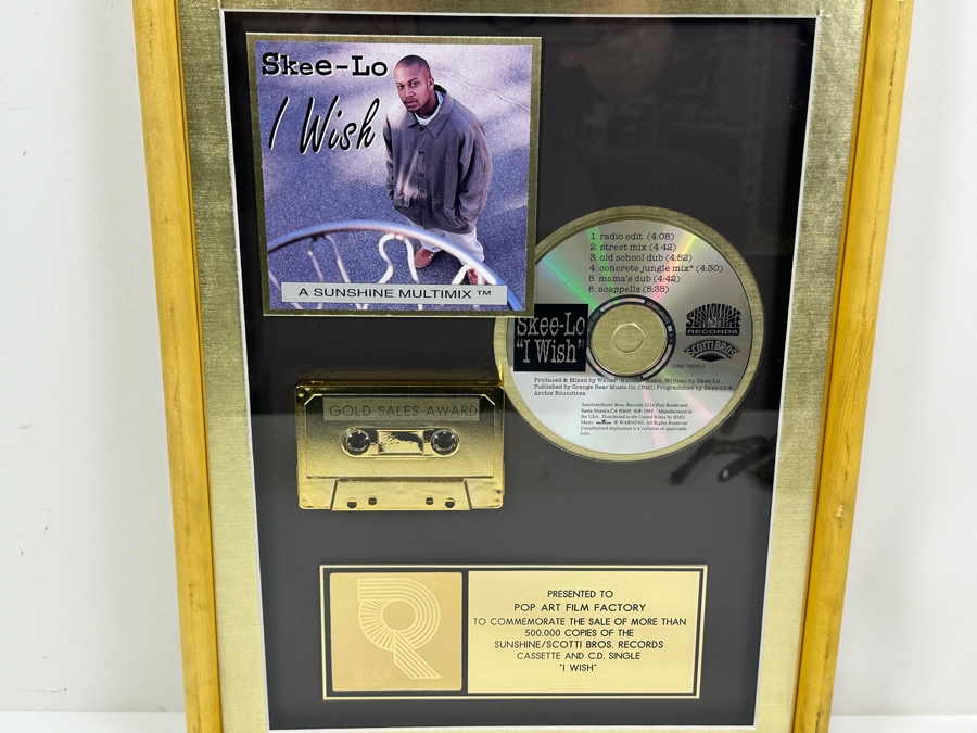 Framed Gold Sales Award Presented To Pop Art Film Factory For Selling Over 500,000 Copies Of Sunshine / Scotti Bros. Records Skee-Lo I Wish Framed 13 X 17 [Photo 3]