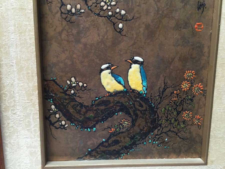 Asian Artwork - Enamel Birds on Copper Plates Signed by Artist [Photo 7]