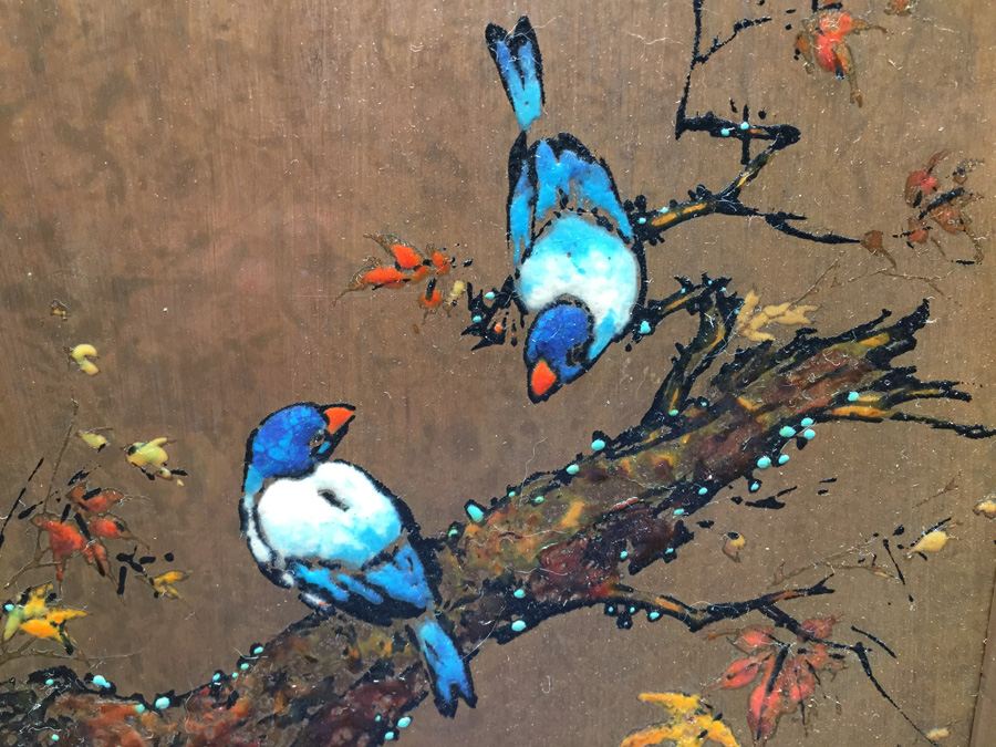 Asian Artwork - Enamel Birds on Copper Plates Signed by Artist [Photo 3]