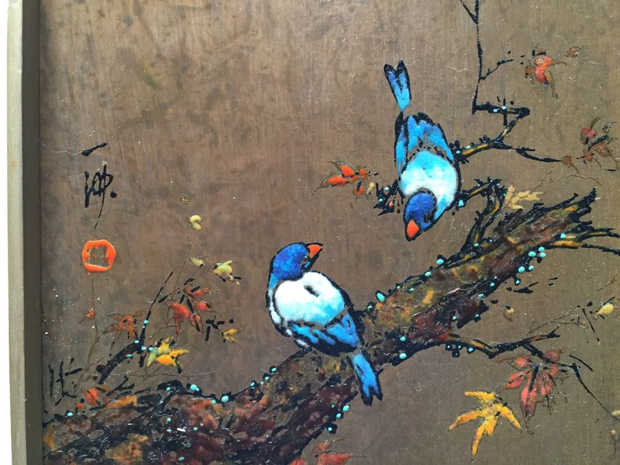 Asian Artwork - Enamel Birds on Copper Plates Signed by Artist [Photo 2]