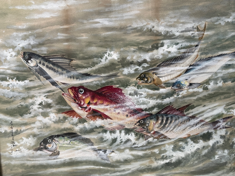 Toshio Aoki (1854-1912, Japan/California) Stunning Original Watercolor And Gouache On Paper Of Swimming Fish At Sea With Hand Carved Wooden Frame 39 X 28 Framed 46 X 35 [Photo 2]